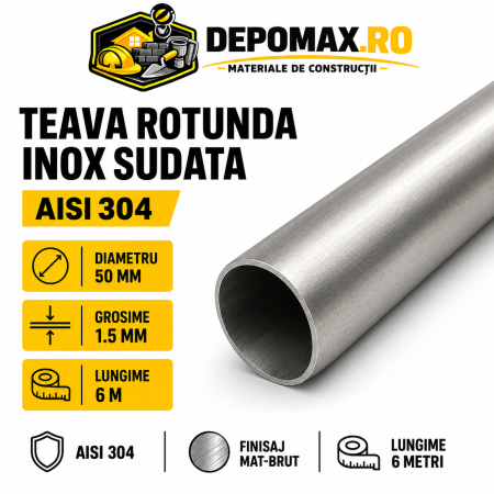 Teava rotunda inox sudata AISI 304, 50 x 1.5 mm, 6 metri